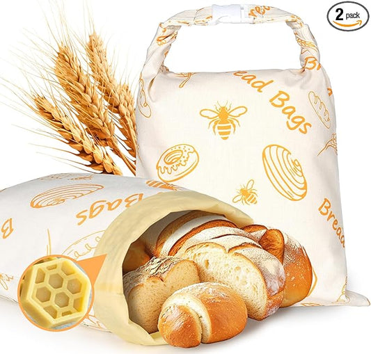 2-Pack Reusable Beeswax Bread Bags for Homemade Sourdough | XL 17x12 Inch Cotton Food Storage Bag Keeps Fresh Longer | Breathable Eco-Friendly Wrap for Boules & Loaves