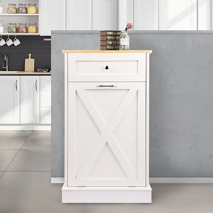 TOLEAD 10 Gallon Tilt Out Trash Can Cabinet Wooden Hidden Trash Cabinet with Solid Wood Top & Drawer, Farmhouse Kitchen Garbage Bin Enclosure Pet Proof Laundry Hamper for Kitchen, Bathroom White