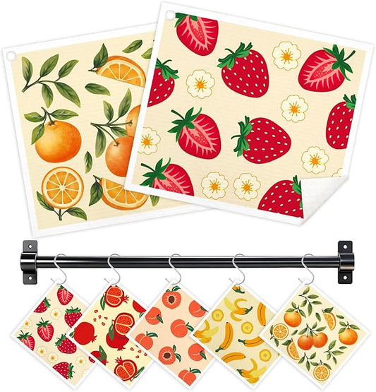 Swedish Dishcloths for Kitchen, 5 Pack Fruit Reusable Paper Towels with 3 Hooks, Washable Dish Cloth Set, Absorbent Cleaning Cloths for Home Washing Dishes Housewarming Gifts for Friend