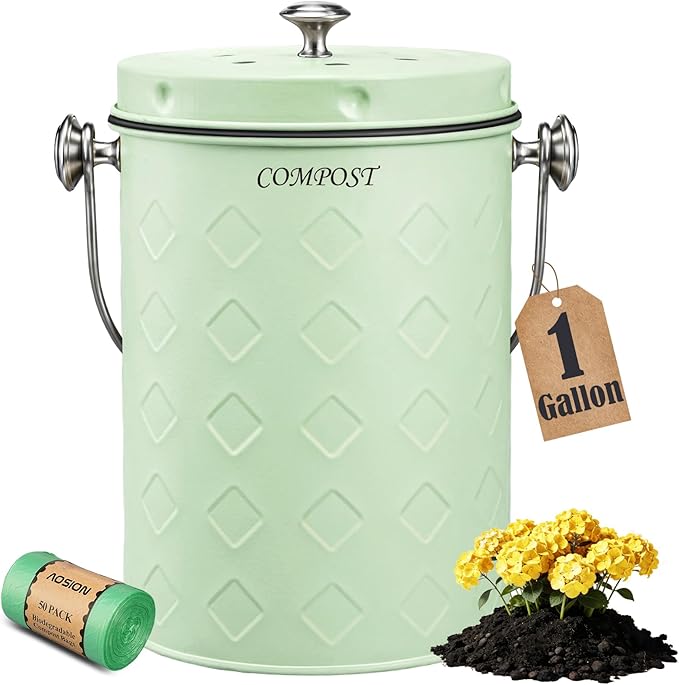 AOSION Countertop Compost Bin Kitchen,Odorless Indoor Compost Bin with Lid,Farmhouse Composter Container for Food Waste,Includes 2 Carbon Filters, Small Compost Bucket,Trash Bags (Modern, Green)