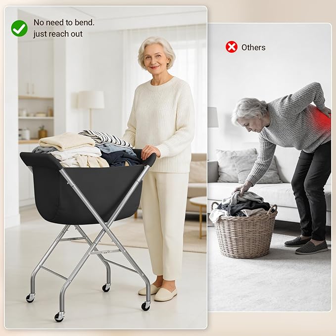 ELYKEN Laundry Cart with Wheels, 32”H Easy Rolling Laundry Hamper with Removable Liner Bag, Sturdy Metal Frame Clothes Basket with 4 Casters and 2 Brakes