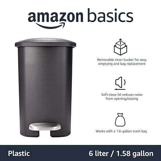 Amazon Basics Compact Plastic Bathroom Trash Can with Soft-Close Lid, Hands-Free Foot Pedal, Removable Inner Bucket, 6L / 1.6 Gallon, Black