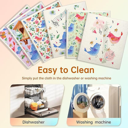 Swedish Dishcloths for Kitchen | 6 Pack Floral Reusable Paper Towels Washable | Swedish Dish Towels | Non-Scratch Cellulose Sponge Cloths | No Odor, Biodegradable Cleaning Cloths, Colorful Birds