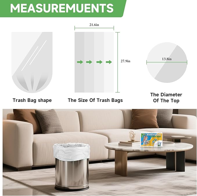 Strong Large Compostable Trash Bags - 100 Count 8 Gallon Outdoor Garbage Can Liners Unscented Thick Bulk Clear White Biodegradable Waste Basket Liners for Kitchen Living Room Pets Heihaily