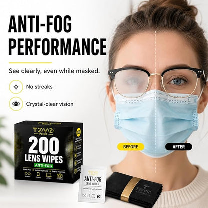 Anti Fog Wipes for Glasses, 200 Count Individually Wrapped Lens Cleaning Wipes, Pre-Moistened Eyeglass Cleaner for Sunglasses, Goggles, Phone & Screens + Microfiber Cloth, TOVO PRIME