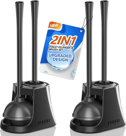 LOVLOY Toilet Plunger and Brush, Bowl Brush and Heavy Duty Toilet Plunger Set with Ventilated Holder, 2-in-1 Toilet Brush and Plunger Combo for Bathroom Cleaning (2, Black)