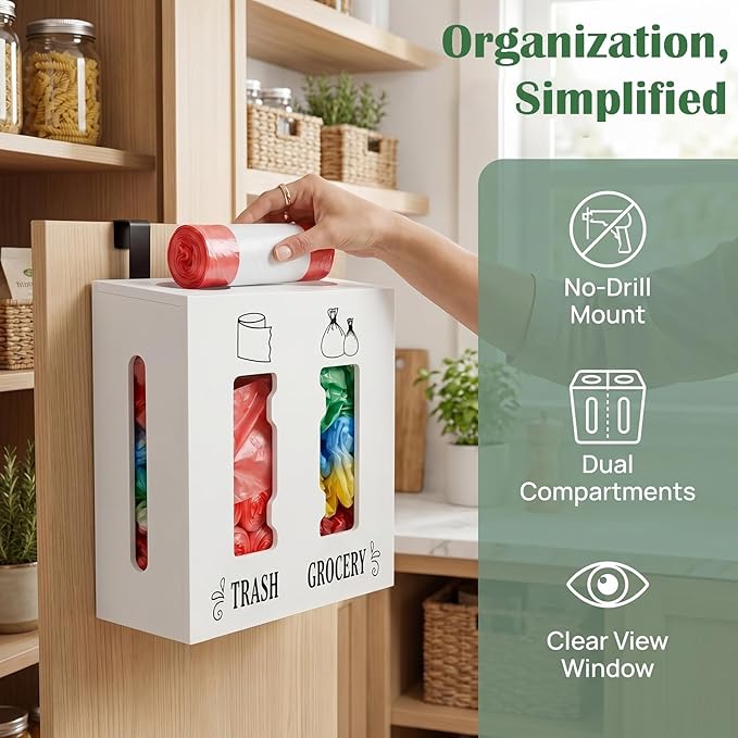 2 in 1 Trash Bag Dispenser and Grocery Bag Holder, Large Wooden Trash Bag Holder,Trash Bag Dispenser for Grocery Bags and Plastic Bags,Kitchen Cabinet Under Sink Organizers and Storage