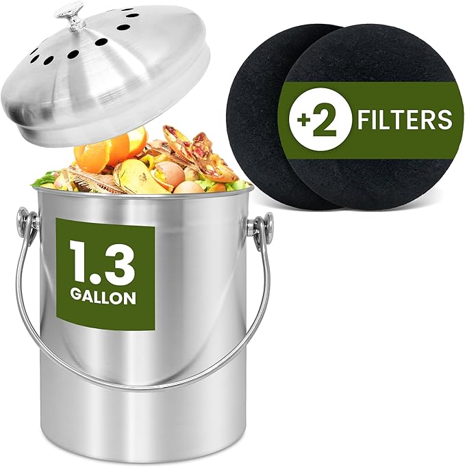 Reli. Countertop Compost Bin with Lid (1.3 Gallon) | Compost Bin Kitchen | 2 Charcoal Filters | Countertop Composting Bucket, Stainless Steel | Food Waste, Composting | Ergonomic Handle, Odorless