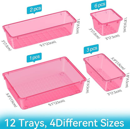ElegantArray 12 PCS Drawer Organizer Set, 4 Sizes Tool Storage Trays, Clear Plastic Makeup Vanity Organizer and Storage Bins for Stationeries, Multiple Gadgets for Office, Bedroom, Pink