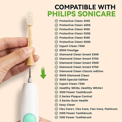 Bamboo Toothbrush Heads Compatible with Philips Sonicare, Soft Castor-Oil Bristles, Biodegradable Toothbrush Replacement Heads, Eco-Friendly & Daily Cleaning