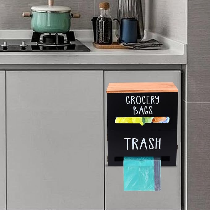 2 in 1 Trash Bag Holder with Grocery Bag Holder, Wooden Trash Bag Dispenser Wall Mounted, Trash Bag Organizer for Countertop/Under Sink, Garbage Bag Holder Dispenser for Plastic Bags, Black