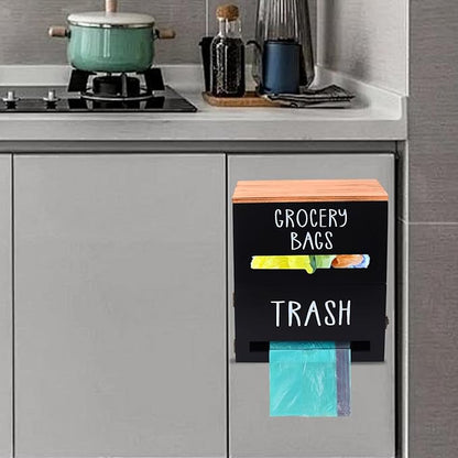 2 in 1 Trash Bag Holder with Grocery Bag Holder, Wooden Trash Bag Dispenser Wall Mounted, Trash Bag Organizer for Countertop/Under Sink, Garbage Bag Holder Dispenser for Plastic Bags, Black