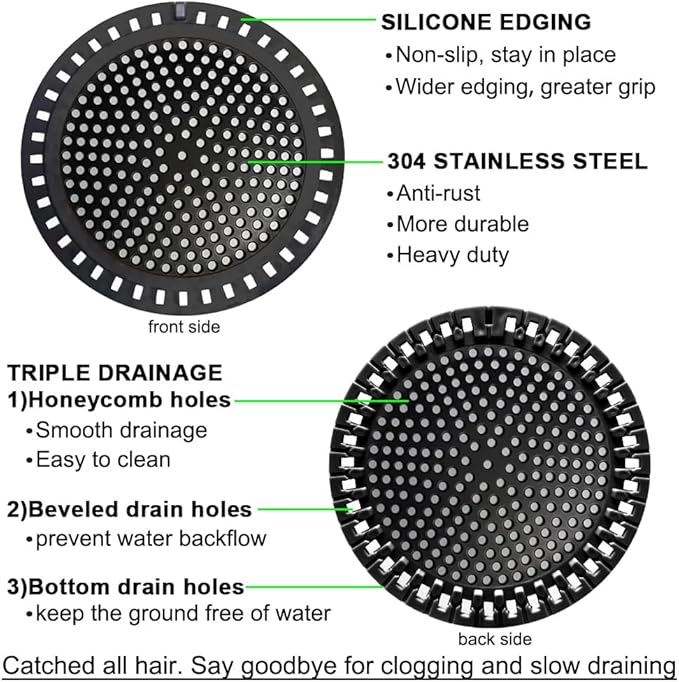 Seatery 2PCS Shower Hair Drain Catcher/Strainer/Cover/Filter/Trap, Hair Stopper Floor Drain, Stainless Steel with Silicone Edge Drain Protector, Black, 4.75 Inch Diameter