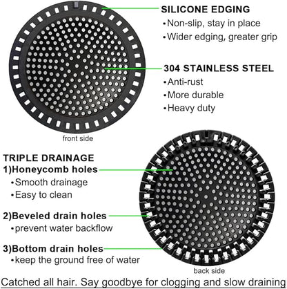 Seatery 2PCS Shower Hair Drain Catcher/Strainer/Cover/Filter/Trap, Hair Stopper Floor Drain, Stainless Steel with Silicone Edge Drain Protector, Black, 4.75 Inch Diameter