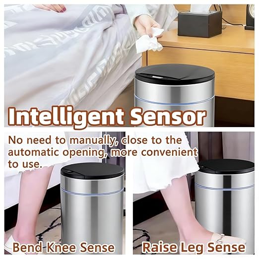Garbage Can with Lid, Intelligent Sensor Opening and Closing, Small Garbage Can for Living Room, Bedroom, Kitchen and Bathroom (1, Silver)