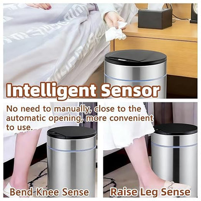 Garbage Can with Lid, Intelligent Sensor Opening and Closing, Small Garbage Can for Living Room, Bedroom, Kitchen and Bathroom (2, Silver)