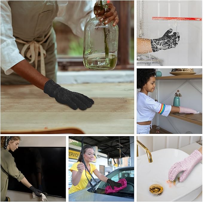 Patelai 2 Pairs Microfiber Gloves for plants Dusting Cleaning Glove Mittens House Cars Blinds Dusting(Black, Pink,Large)