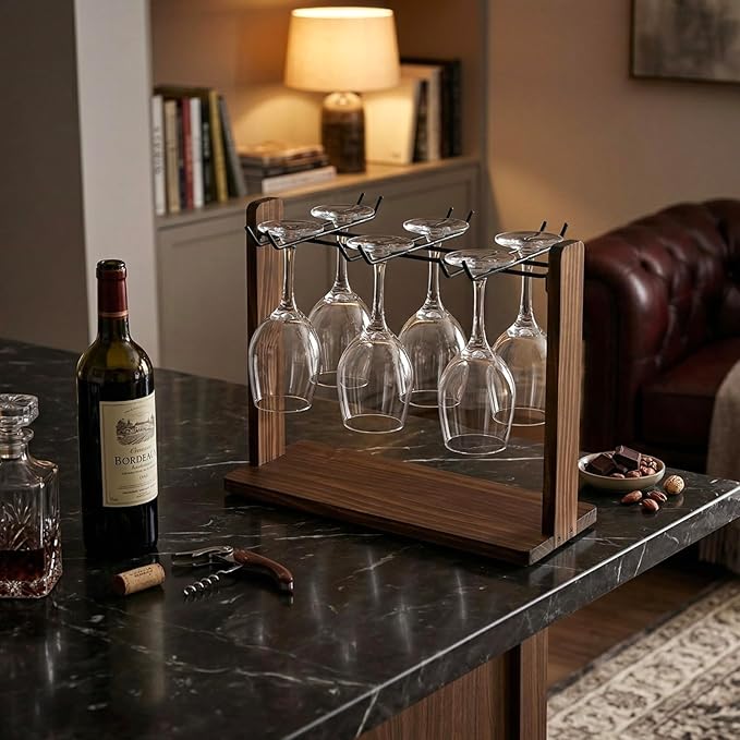 MyGift Tabletop Wine Glass Drying Rack, Champagne Flute Holder, Countertop Stemware Stand for Goblets, Modern Burnt Brown Solid Wood and Matte Black Metal Wire