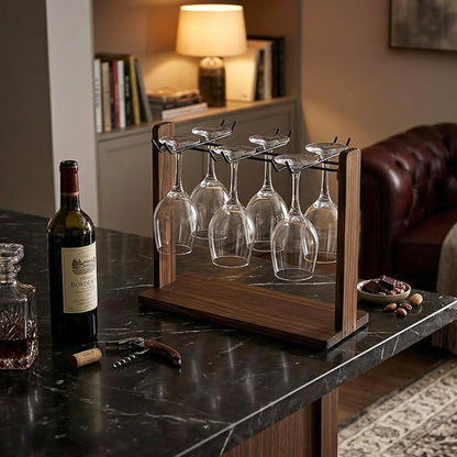 MyGift Tabletop Wine Glass Drying Rack, Champagne Flute Holder, Countertop Stemware Stand for Goblets, Modern Burnt Brown Solid Wood and Matte Black Metal Wire