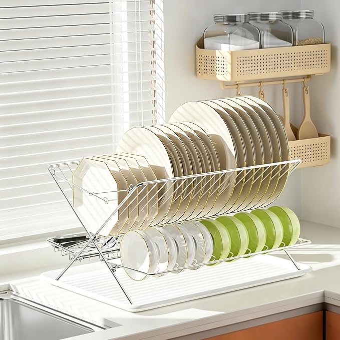 Over The Sink Dish Drying Rack, Collapsible 3 Tier Dish Racks for Kitchen Counter, Stainless Steel Large Capacity Space-Saving Sink Shelf Organizer with Utensil Holder and Drainboard (Upgraded)