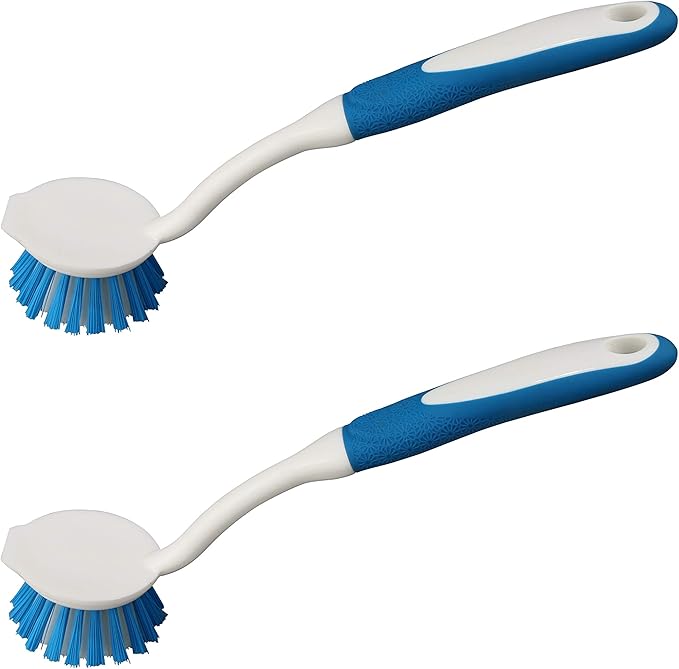 2-Pack Kitchen Round Scrub Brush for Cleaning Dishes Pots Pan Sink and Bathroom with Comfortable Long Handle
