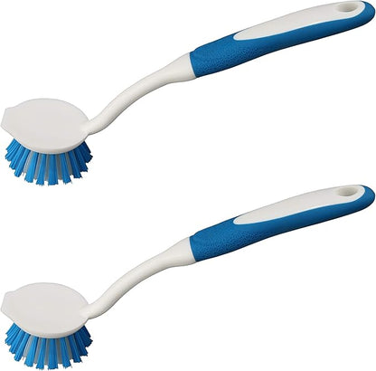 2-Pack Kitchen Round Scrub Brush for Cleaning Dishes Pots Pan Sink and Bathroom with Comfortable Long Handle