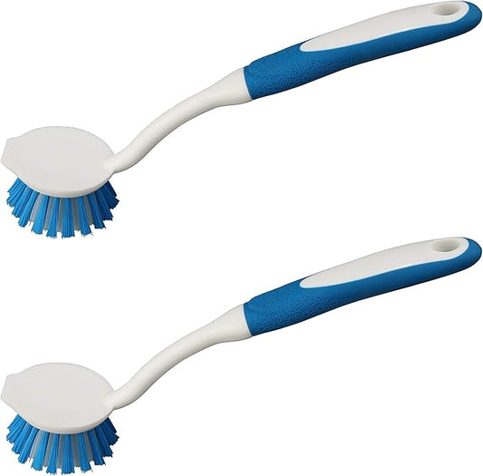 2-Pack Kitchen Round Scrub Brush for Cleaning Dishes Pots Pan Sink and Bathroom with Comfortable Long Handle