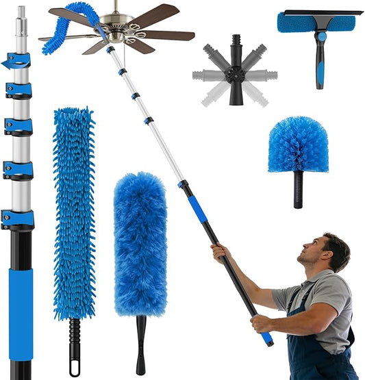 25FT Reach High Ceiling Duster Kits with 5-20FT Adjustable Pole - Includes Extra Long Duster, High Ceiling Duster, Rotatable Window Squeegee & Cobweb Duster for Ceiling Fans and Whole House Cleaning