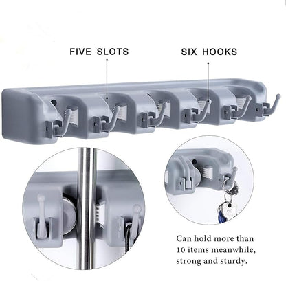 Mop and Broom Holder, Multipurpose Wall Mounted Heavy Duty Tool Organizer Storage Hooks,Ideal Broom Hanger for Kitchen Garden and Garage laundry room,5 Position with 6 Hooks