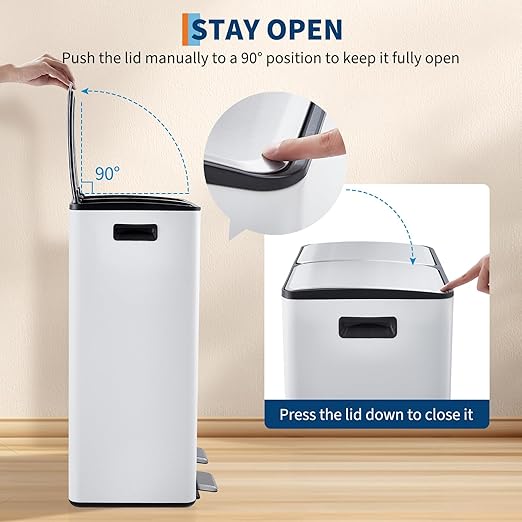 Takywep 2 x 8 Gal (2 x 30L) Kitchen Dual Trash Can, Stainless Steel Double Trash Can with 2 Removable Inner Buckets, Soft-Close Lid, Double Compartment Recycling Bin for Kitchen Home Office, White