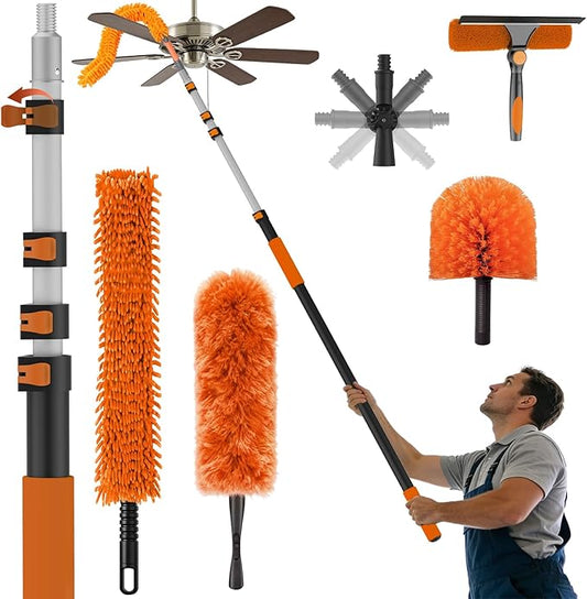 25FT Reach High Ceiling Duster Kits with 5-20FT Adjustable Pole - Includes Extra Long Duster, High Ceiling Duster, Rotatable Window Squeegee & Cobweb Duster for Ceiling Fans and Whole House Cleaning