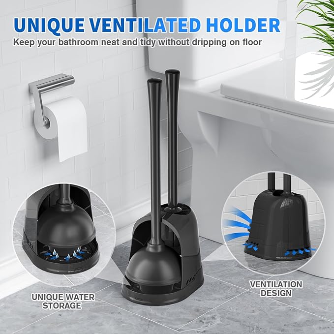 LOVLOY Toilet Plunger and Brush, Bowl Brush and Heavy Duty Toilet Plunger Set with Ventilated Holder, 2-in-1 Toilet Brush and Plunger Combo for 5.3-inch Toilet Drain Bathroom Cleaning (Black)