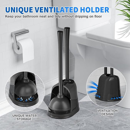 LOVLOY Toilet Plunger and Brush, Bowl Brush and Heavy Duty Toilet Plunger Set with Ventilated Holder, 2-in-1 Toilet Brush and Plunger Combo for 5.3-inch Toilet Drain Bathroom Cleaning (Black)