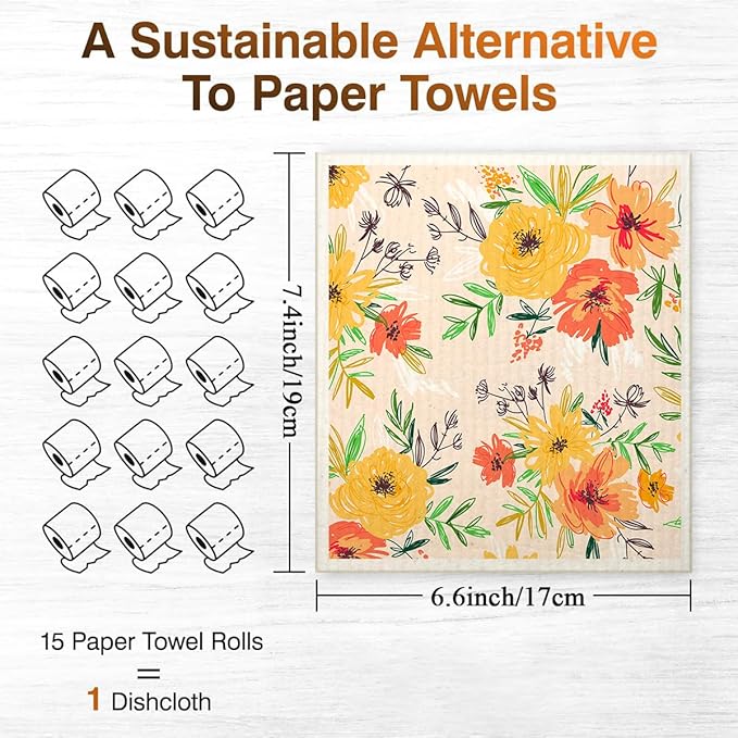 Swedish Dishcloths for Kitchen | 6 Pack Floral Reusable Paper Towels Washable | Swedish Dish Towels | Non-Scratch Cellulose Sponge Cloths | No Odor, Biodegradable Cleaning Cloths, Flowers
