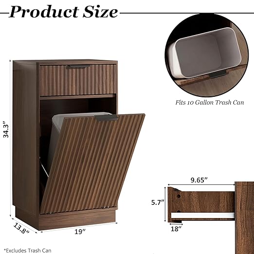 10 Gallon Tilt Out Trash Can Cabinet,Fluted Tilt Out Laundry Hamper Cabinet with Drawer,Wooden Trash can for Kitchen and Living Rooms