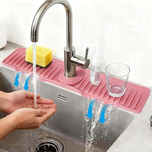 24" Silicone Faucet Mat for Kitchen Sink Released in 2026,8° Slope Fast Self-draining-Kitchen Sink Splash Guard,Bathroom Kitchen Sink Area Water Splash Guard Behind Faucet Draining Mat(Pink)