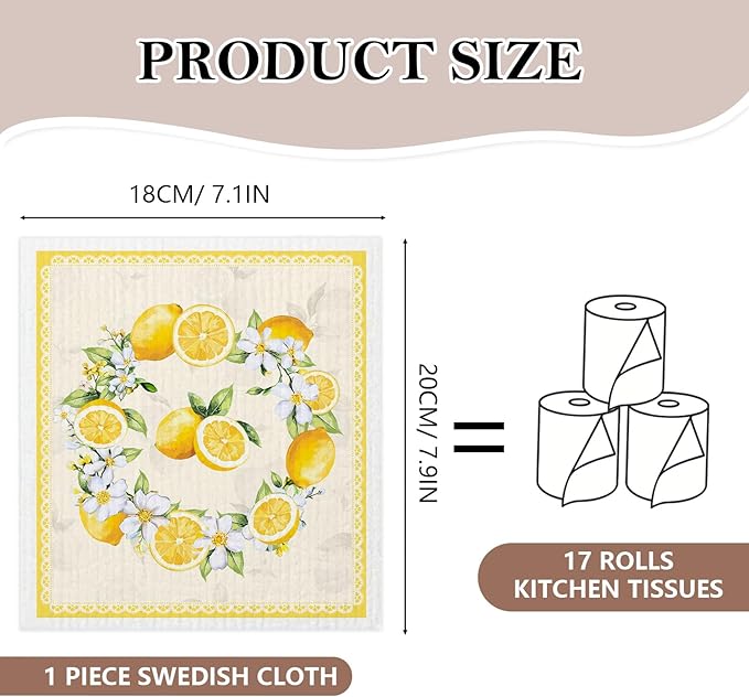 5 Pack Mixed Watercolor Lemon Swedish Kitchen Dishcloths Dish Towels, Farmhouse Lemon Dish Towels for Kitchen, Swedish Dishcloth, Paper Towels Reusable, Dish Cloth Towel Cleaning Wipe for Home