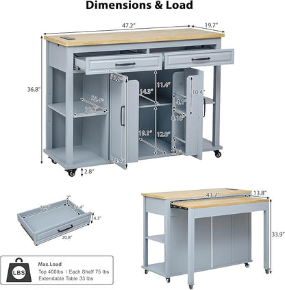 47" Kitchen Island with Extendable Dining Table, Movable Farmhouse Kitchen Islands with Storage Rack, Power Outlet, Island Table on Wheels with 2 Storage Drawers & 2 Cabinets, Grey Blue