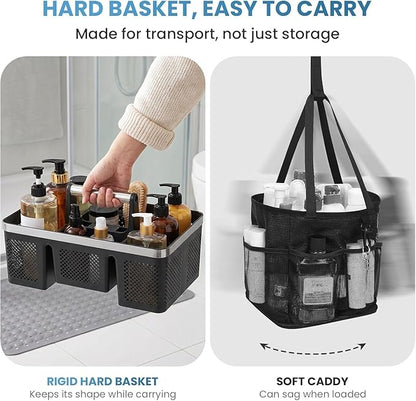 BYUNER Plastic Shower Caddy Dorm: Portable Cleaning & Shower Caddy with Handle, 4 Divided Compartments, All-Side Drainage, Rigid Plastic Basket Tote for College Dorm & Bathroom Use, Black/Silver
