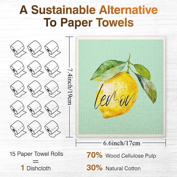 Swedish Dishcloths for Kitchen | 6 Pack Floral Reusable Paper Towels Washable | Swedish Dish Towels | Non-Scratch Cellulose Sponge Cloths | No Odor, Biodegradable Cleaning Cloths, Lemon