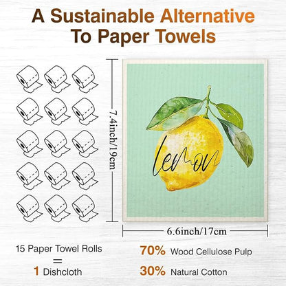 Swedish Dishcloths for Kitchen | 6 Pack Floral Reusable Paper Towels Washable | Swedish Dish Towels | Non-Scratch Cellulose Sponge Cloths | No Odor, Biodegradable Cleaning Cloths, Lemon