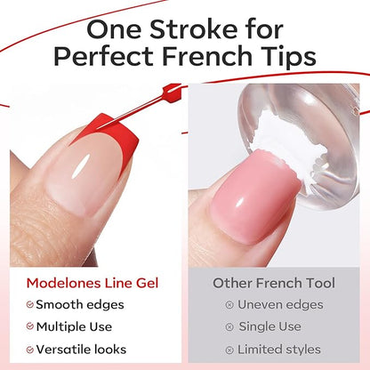 modelones Red French Tip Liner Gel Polish, 15 ML Bright Apple Red Valentine's Day Nail Art Paint Swirl with Ultra Fine Line Brush Soak Off U V DIY Home Salon Professional Manicure Gift for Women