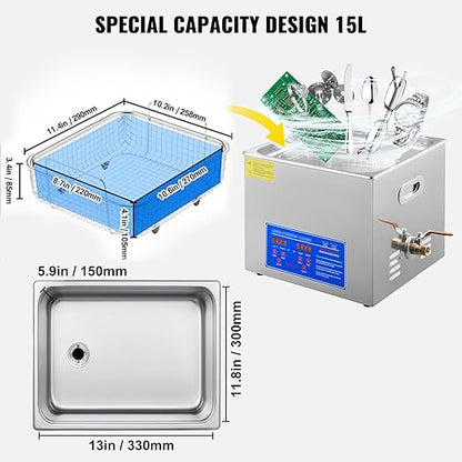 VEVOR 15L Ultrasonic Cleaner with Digital Timer&Heater Professional Ultrasonic Cleaner 40kHz Advanced Ultrasonic Cleaner 110V for Wrench Screwdriver Repairing Tools Industrial Parts Mental Cleaning