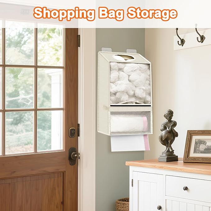 Spaclear Plastic Bag Holder - Large Wall Mount Grocery Bag Holder & Dispenser for Home Kitchen, 2-in-1 Space-Saving Durable Organizer House Necessities, Beige