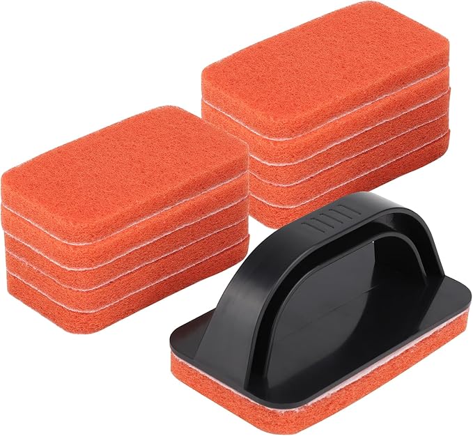 Griddle Scour Pads, Non-Scratch Nylon Scouring Pads with Handle, Grill Scrubbers, Cast Iron Polishing Pads, Heavy Duty Scrubbing Pads for Cleaning Walls- 11 Scrub Pads and 1 Handle