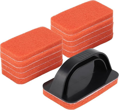 Griddle Scour Pads, Non-Scratch Nylon Scouring Pads with Handle, Grill Scrubbers, Cast Iron Polishing Pads, Heavy Duty Scrubbing Pads for Cleaning Walls- 11 Scrub Pads and 1 Handle