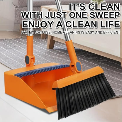 2-in-1 Broom with Dustpan Combo Set,Long Handle Broom Dustpan Combo with Dustpan Teeth to Automatically Clean Hair for Home, Indoor or Outdoor Cleaning Hall Floor (Orange)