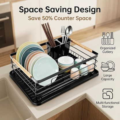 Dish Racks for Kitchen Counter, Thickened Metal Dish Drying Rack with Wooden Handles, Kitchen Countertop Organizer for Dishes, Spoons and Forks, No Assembly, Black, 16.7''*12.6''*5.12''