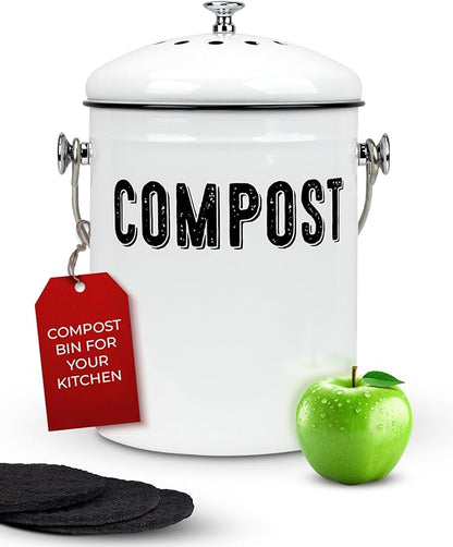 Granrosi Countertop Compost Bin Kitchen, 1.3 Gallon Stainless Steel Indoor Compost Bucket with Lid – Farmhouse Design, Odorless & Rust-Free Counter Pail with Carry Handle and 3 Charcoal Filters