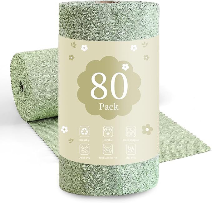 80 Pack Microfiber Cleaning Cloth Roll Reusable Paper Towels 12"x12" Tear Away Cloth,Absorbent Dish Rags for House Kitchen,Wash Cloths,Lint Free Rags for Window Cars Cleaning Supplies